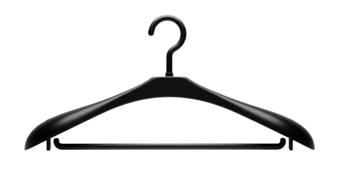 Black plastic coat hanger isolated on transparent background for clothes