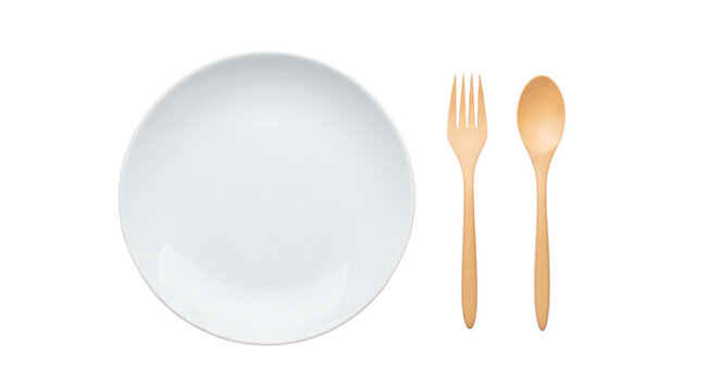 Empty plate with wooden spoon and fork isolated on transparent background - Powered by Adobe