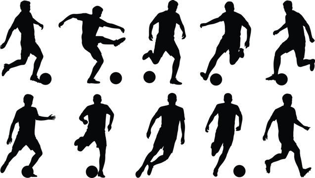 Soccer player silhouette illustration set, kicking and dribbling poses, sports icons, motion graphic, athlete symbol, football design