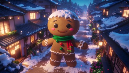 Holiday Fantasy: Enormous Decorated Gingerbread Man Standing on Traditional Japanese Rooftop