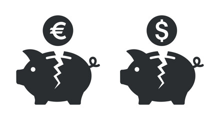 Comparison of a euro and dollar coin falling into a broken piggy bank