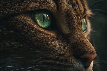 Striking feline portrait showcasing vibrant green eyes and detailed fur texture in a dramatic close up view