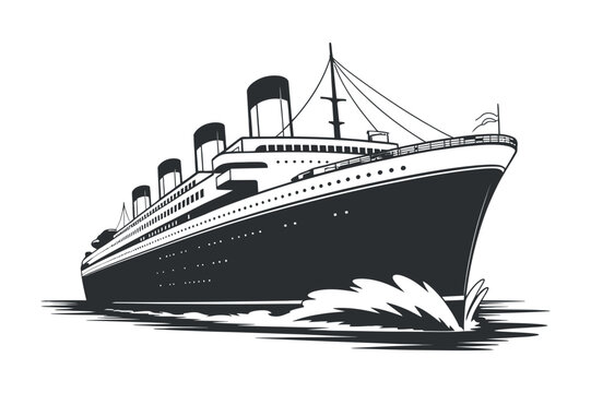 Monochrome stylized drawing of titanic ship in water