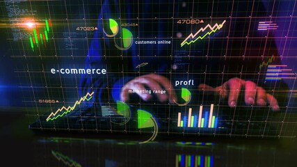 Ecommerce shopping online business charts and graphs diagram with man typing computer keyboard. Digital analysis and report on 3d screen display.