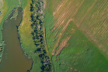 Top-down aerial photo showcasing a sharp boundary between geometric agricultural fields, a linear forest edge, and a dark wetland water body. Represents land use and ecological contrast.
