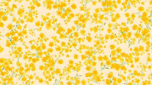 Seamless watercolor illust n featuring abundant clusters of vibrant yellow blossoms with slender green stems creating a cheerful and fresh floral pattern on a cream backdrop