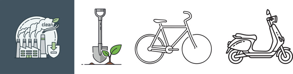 Environmental Icons: Factory, Shovel, Bicycle, and Scooter