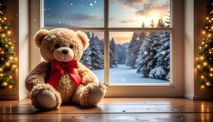 Classic Teddy Bear Sitting in Window with Cozy Snowy Forest View at Sunset