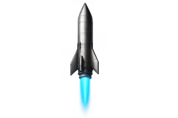 Rocket launching with blue flame, symbolizing space travel, technology, innovation, and futuristic science exploration