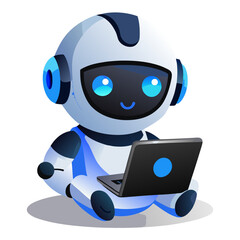 Cute robot with laptop