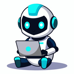 Cute robot with glowing eyes working on a laptop
