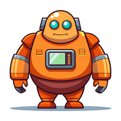 Friendly orange cartoon robot with big blue eyes and screen