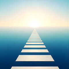 Obraz premium Abstract straight white path extending over a calm blue and white gradient horizon towards a bright light, symbolizing journey and opportunity.