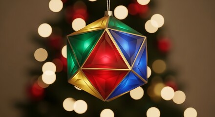 A vibrant geometric stained glass ornament with multi colored panels hangs on a christmas tree with bokeh lights