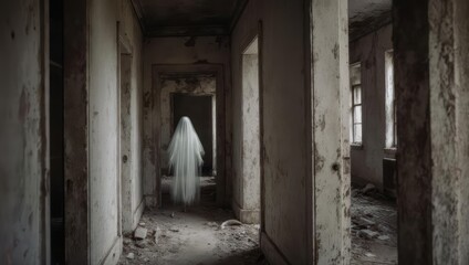 A spectral figure floats down a decayed hallway, emanating an eerie, ghostly presence