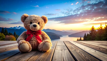 Teddy Bear Sitting on Wooden Deck with Scenic Lake and Mountain Sunset View