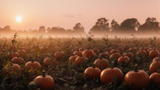 A vast pumpkin field bathed in soft sunlight during a hazy sunrise/sunset