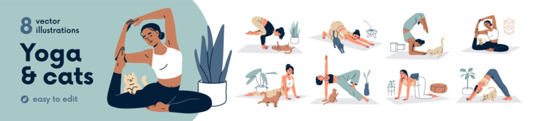 Fototapeta premium Woman doing yoga exercises with cat, set. Female stretching in workout poses on mat with cute feline pet. Training with funny kitty, home animal. Flat vector illustration isolated on white background.