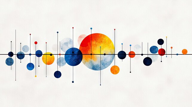 A minimalist abstract design featuring a horizontal line with connected circles of various sizes and colors, resembling a sound wave or data visualization.