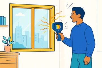 Naklejka premium Man using thermal camera to detect heat loss near window inside room with cityscape background and warm light concept illustrated digitally. Ai generative