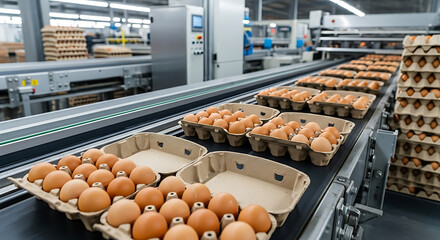 Modern industrial egg processing facility with fresh brown eggs moving on an automated conveyor belt, showcasing efficient food production and packaging for global distribution