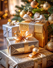 Holiday gifts in shiny gold and silver packaging are neatly arranged under the tree. Bright ribbons, sparkling lights, and Christmas decorations create an atmosphere of warmth, comfort