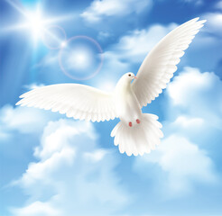 Peaceful white dove in flight against a bright blue sky with soft clouds. Symbol of peace, hope, and purity.