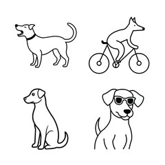 Four black and white line art dogs one riding bicycle canine animal