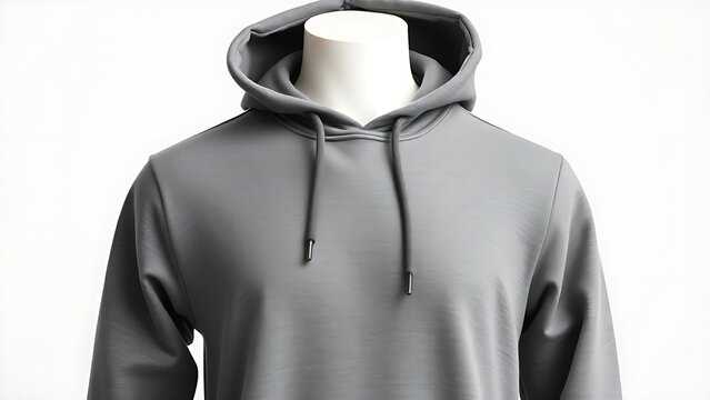 athleisure. Grey hoodie displayed on a white mannequin, highlighting simplicity and modern fashion. lifestyle magazines.
