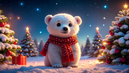 Adorable Polar Bear Cub Sitting Next to a Red Christmas Gift Box in Snow, Festive Night Scene with Bokeh and Decorated Trees.