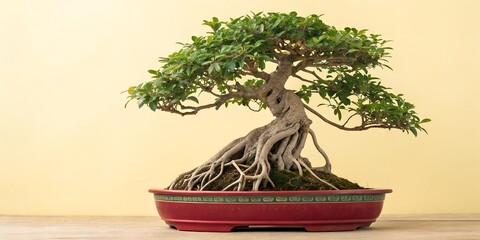 Elegant bonsai tree with vibrant green leaves in red pot, a symbol of peace and harmony perfect for home decor or promoting mindfulness meditation