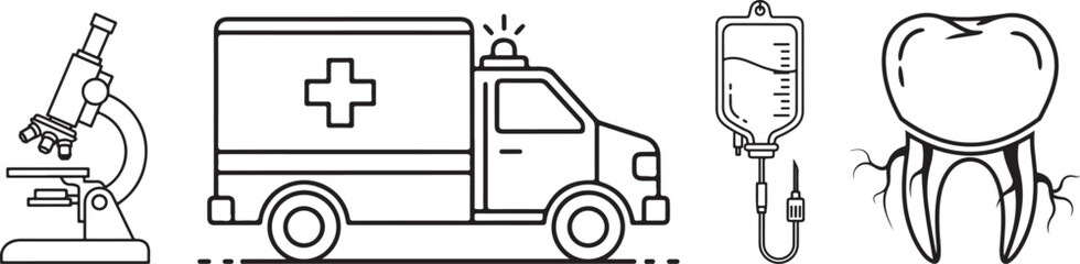 Obraz premium Medical Icons: Microscope, Ambulance, IV Bag, and Tooth Outline