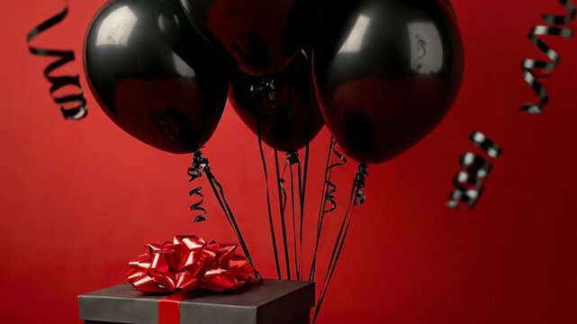 A cluster of black balloons floats above a black gift box with a large red bow on a red background