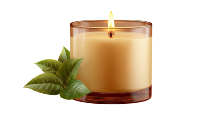 Scented aromatherapy candle surrounded by fresh green leaves creating relaxing and natural wellness ambiance isolated on white background