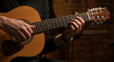 Obraz premium Close up of musician hands playing acoustic guitar. Male guitarist practicing chords on wooden instrument. Music performance concept