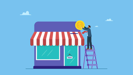 Businessman hand funding by put coin into small business store. Funding small business, backing startup project or banking loan to start new business, investment or saving to open new shop.