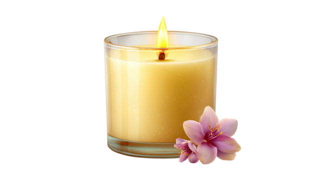  Scented aromatherapy candle surrounded by fresh flowers creating calming and relaxing atmosphere for wellness and spa isolated on white background