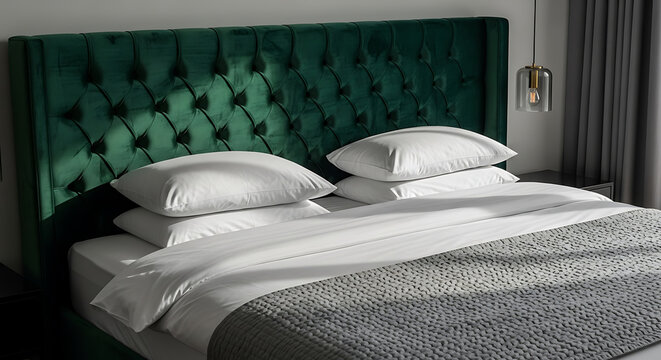 Comfortable bed with green velvet headboard and white pillows in modern bedroom with hanging pendant lamp.