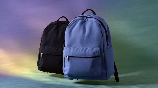 Stylish Blue Nylon Backpack Suspended Mid Air Against Colorful Background with Motion Effect