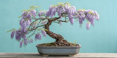Elegant wisteria bonsai tree with cascading purple blooms, a symbol of resilience and beauty for serene home decor and mindful living designs