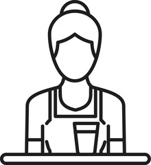 Line drawing of a bartender serving drinks, wearing an apron and hair bun, behind the bar counter
