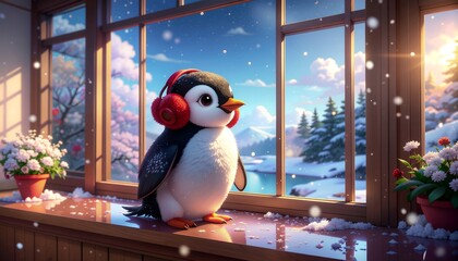 Cute Penguin Wearing Red Earmuffs Sitting on a Sunny Window Sill, Cozy Indoor Scene with View of Snowy Winter Landscape and Mountains.
