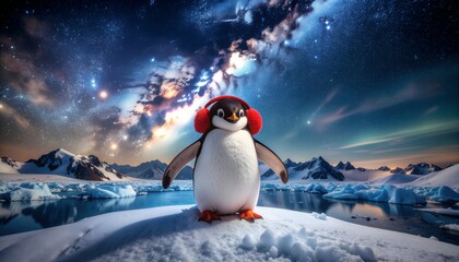 Majestic Arctic Landscape, Cute Penguin Wearing Red Earmuffs Standing on Ice under the Cosmic Milky Way and Starry Sky.