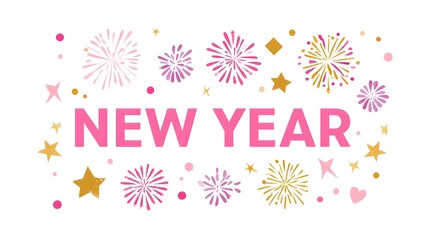 A festive graphic featuring the words NEW YEAR in bold pink lettering surrounded by colorful fireworks golden stars and scattered confetti for a celebratory holiday theme