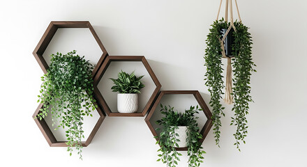 Three hexagon shelves with potted plants on a white wall. one hanging plant