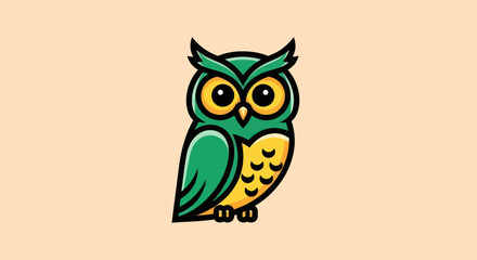 Fototapeta premium Cute cartoon owl illustration with green and yellow colors.