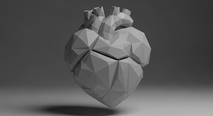 Abstract geometric origami heart sculpture casts a subtle shadow on a minimalist gray background