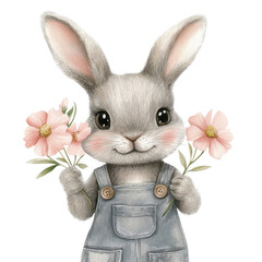 Bunny holding two flowers on transparent background