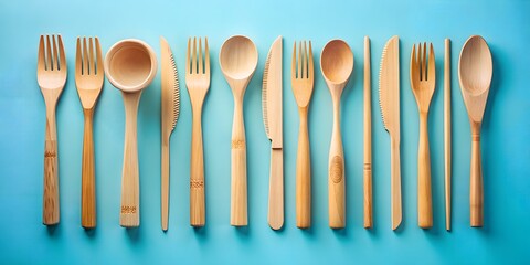 Sustainable wooden cutlery set flat lay against a vibrant turquoise backdrop, perfect for eco-friendly kitchenware advertising and zero waste lifestyle designs