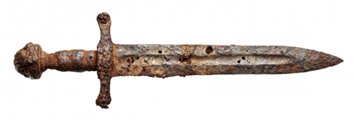 Old rusty sword with pitted blade and corroded hilt, isolated on transparent background, ancient weapon relic, high-resolution detail
